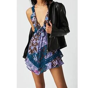 Free People Floral‎ Romper Teal Purple Lace Trim Sleeveless S Mini Dress